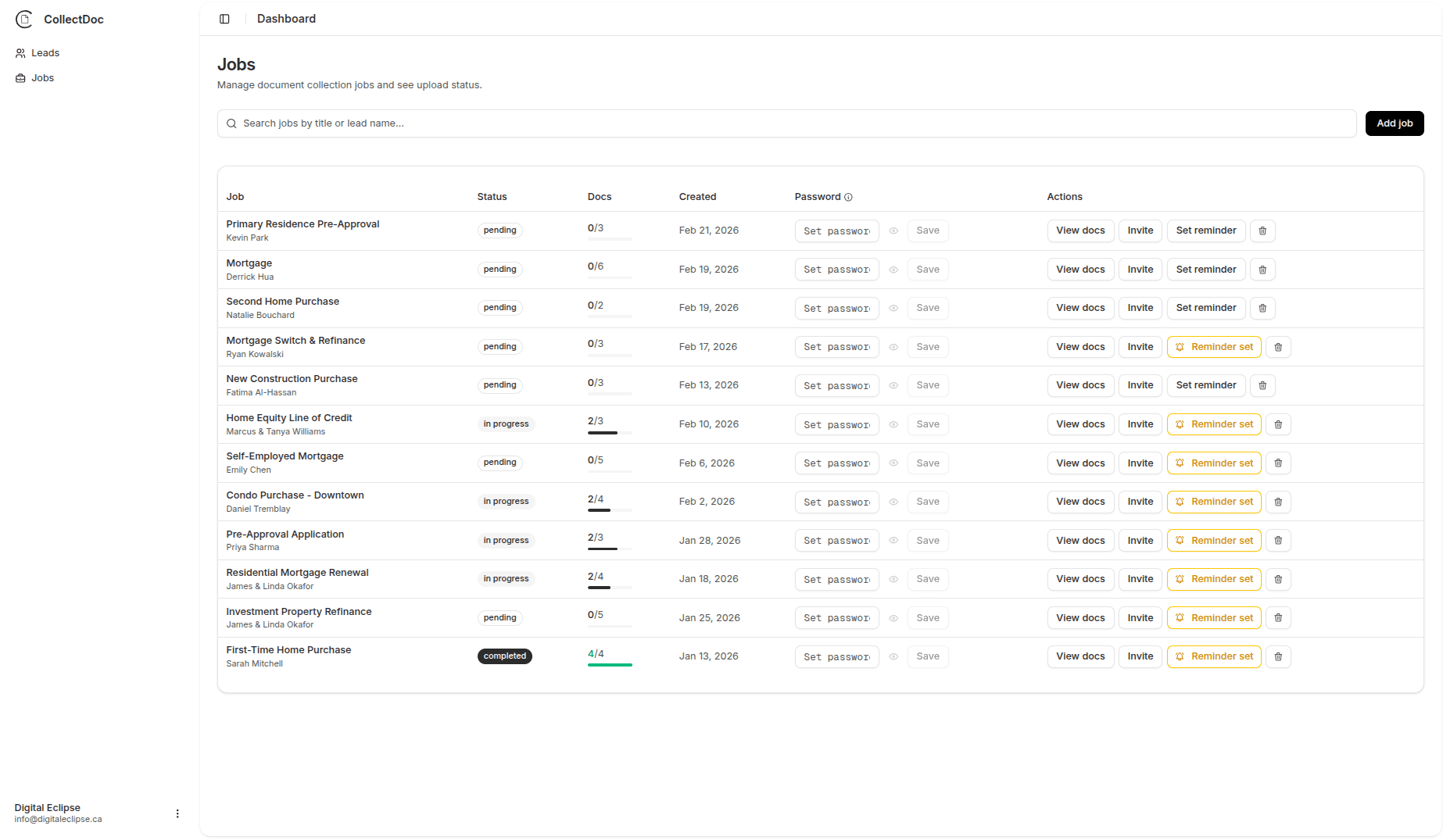 CollectDoc dashboard — document collection jobs, upload links, and automated reminders for mortgage brokers